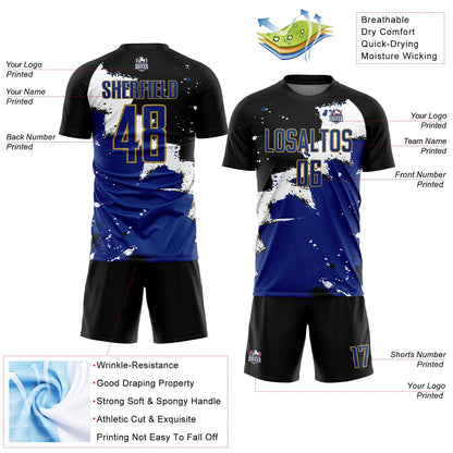Custom Black Royal-Old Gold Splash Sublimation Soccer Uniform Jersey