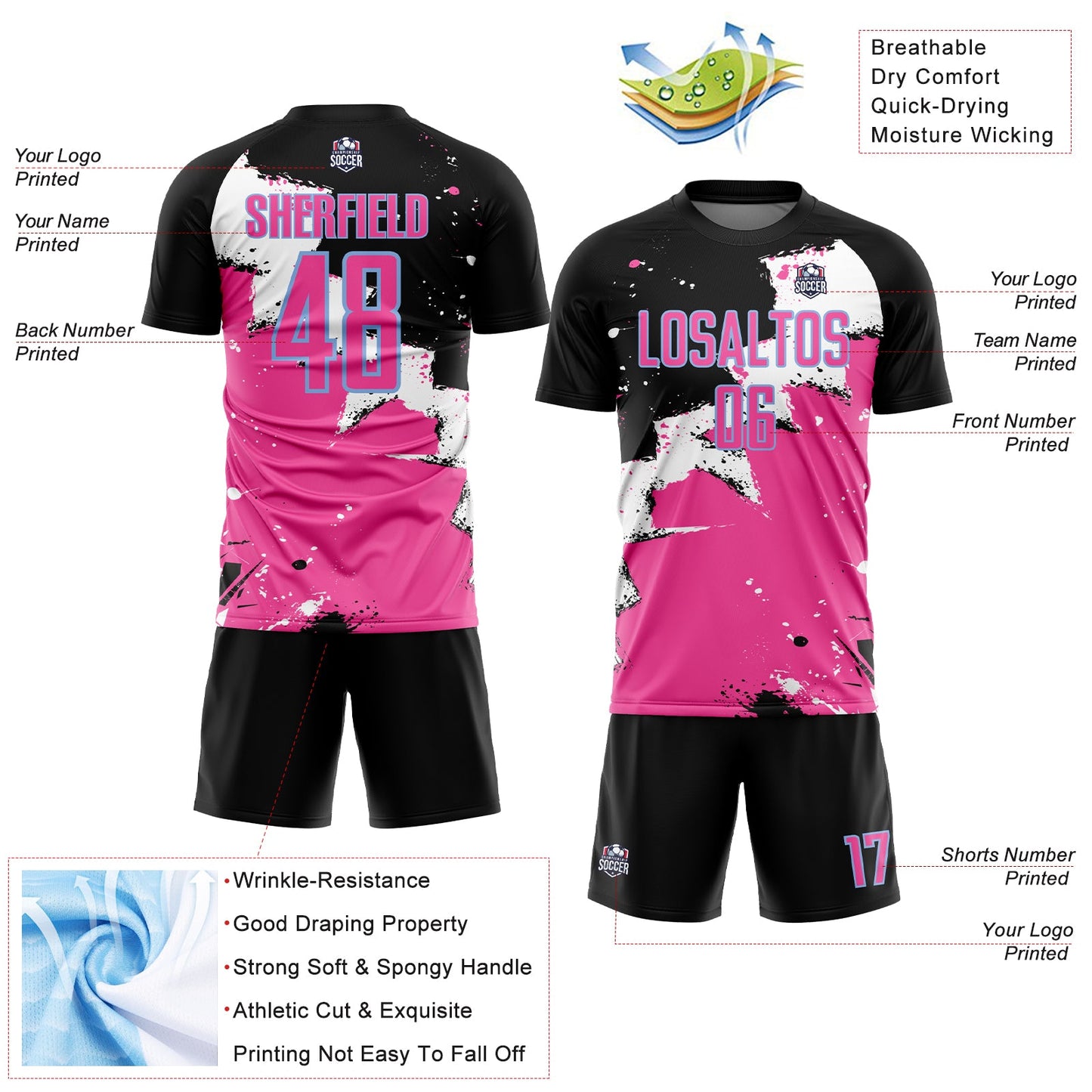 Custom Black Pink-Light Blue Splash Sublimation Soccer Uniform Jersey