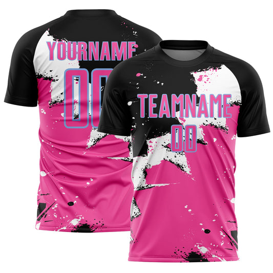 Custom Black Pink-Light Blue Splash Sublimation Soccer Uniform Jersey