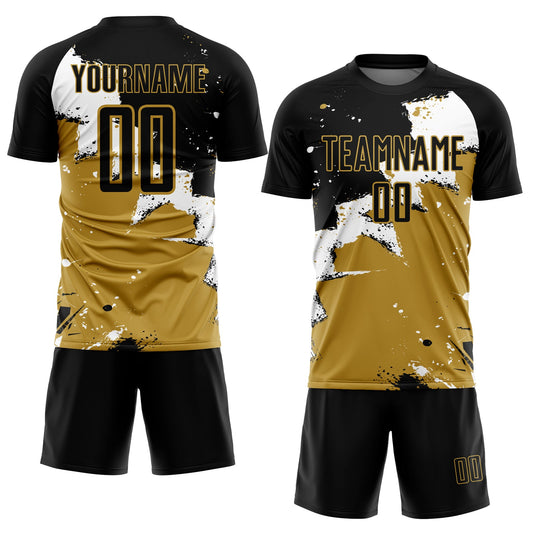 Custom Black White-Old Gold Splash Sublimation Soccer Uniform Jersey