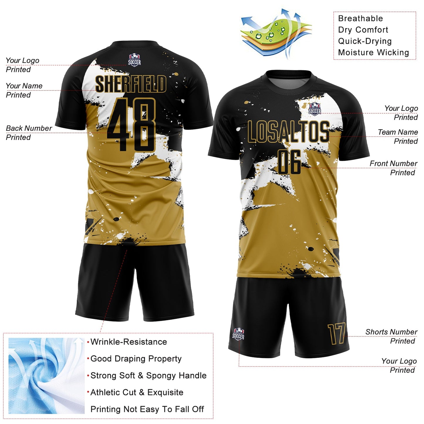 Custom Black White-Old Gold Splash Sublimation Soccer Uniform Jersey