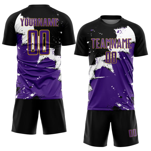 Custom Black Purple-Old Gold Splash Sublimation Soccer Uniform Jersey