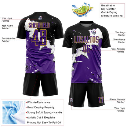 Custom Black Purple-Old Gold Splash Sublimation Soccer Uniform Jersey