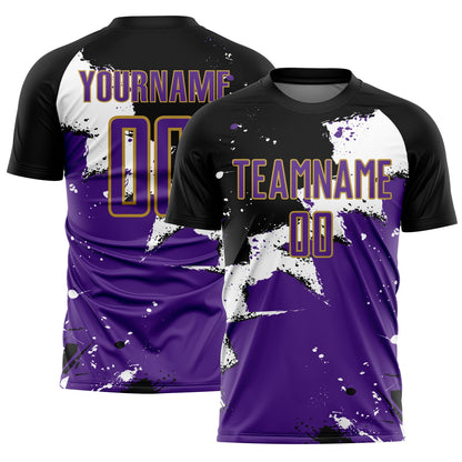 Custom Black Purple-Old Gold Splash Sublimation Soccer Uniform Jersey