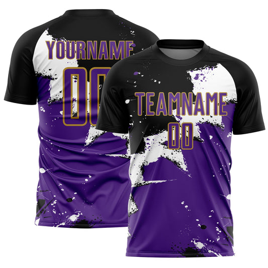 Custom Black Purple-Old Gold Splash Sublimation Soccer Uniform Jersey