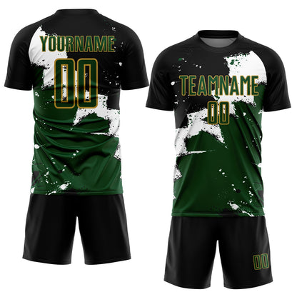 Custom Black Green-Old Gold Splash Sublimation Soccer Uniform Jersey