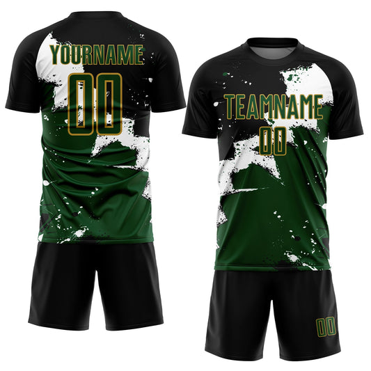 Custom Black Green-Old Gold Splash Sublimation Soccer Uniform Jersey