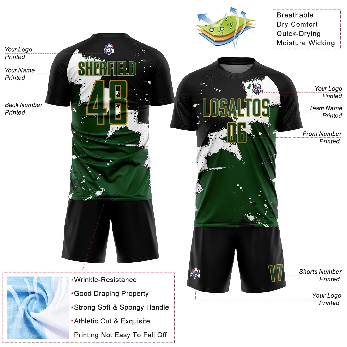 Custom Black Green-Old Gold Splash Sublimation Soccer Uniform Jersey