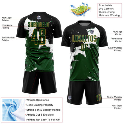 Custom Black Green-Old Gold Splash Sublimation Soccer Uniform Jersey
