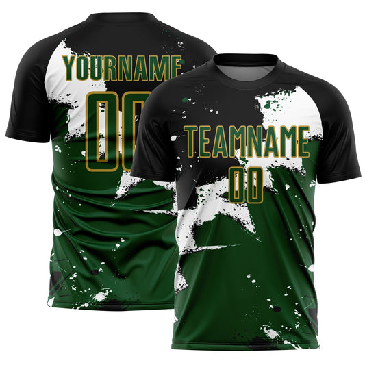 Custom Black Green-Old Gold Splash Sublimation Soccer Uniform Jersey