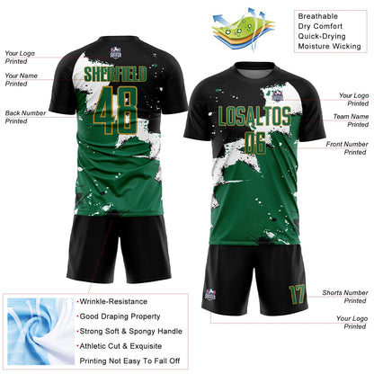 Custom Black Kelly Green-Old Gold Splash Sublimation Soccer Uniform Jersey