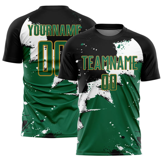 Custom Black Kelly Green-Old Gold Splash Sublimation Soccer Uniform Jersey