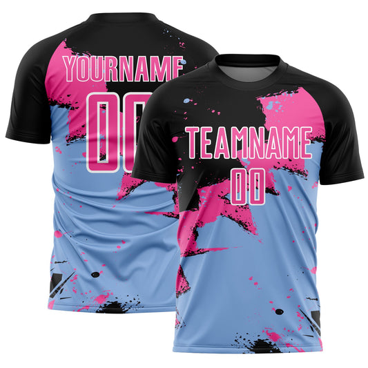 Custom Black Pink-Light Blue Splash Sublimation Soccer Uniform Jersey