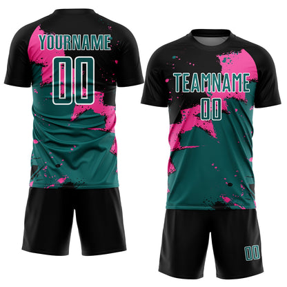 Custom Black Teal-Pink Splash Sublimation Soccer Uniform Jersey