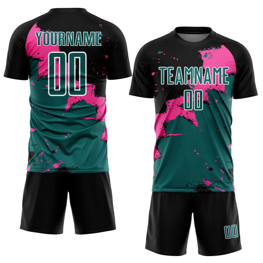 Custom Black Teal-Pink Splash Sublimation Soccer Uniform Jersey