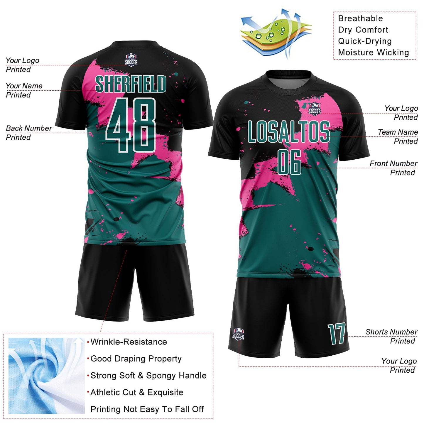Custom Black Teal-Pink Splash Sublimation Soccer Uniform Jersey