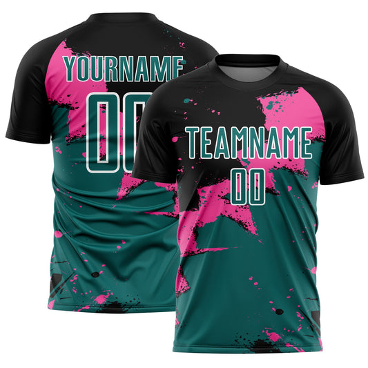 Custom Black Teal-Pink Splash Sublimation Soccer Uniform Jersey