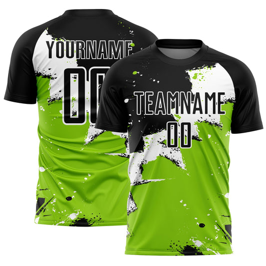 Custom Black White-Neon Green Splash Sublimation Soccer Uniform Jersey