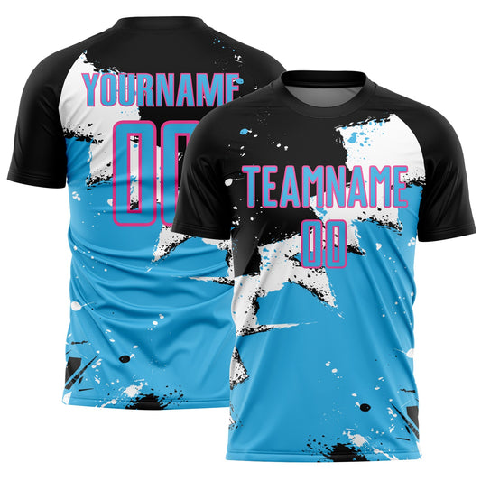 Custom Black Sky Blue-Pink Splash Sublimation Soccer Uniform Jersey