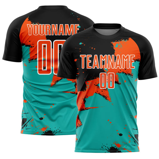 Custom Black Orange-Aqua Splash Sublimation Soccer Uniform Jersey