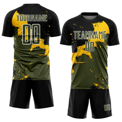 Custom Black Olive-Yellow Splash Sublimation Soccer Uniform Jersey