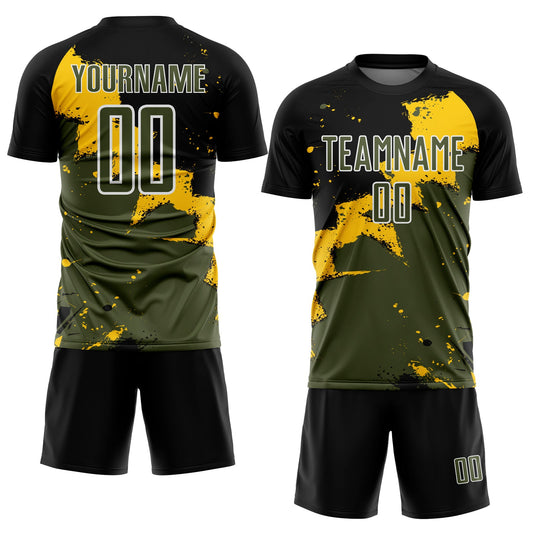 Custom Black Olive-Yellow Splash Sublimation Soccer Uniform Jersey