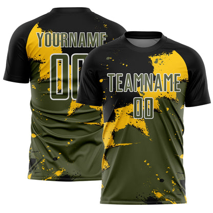 Custom Black Olive-Yellow Splash Sublimation Soccer Uniform Jersey