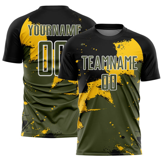 Custom Black Olive-Yellow Splash Sublimation Soccer Uniform Jersey