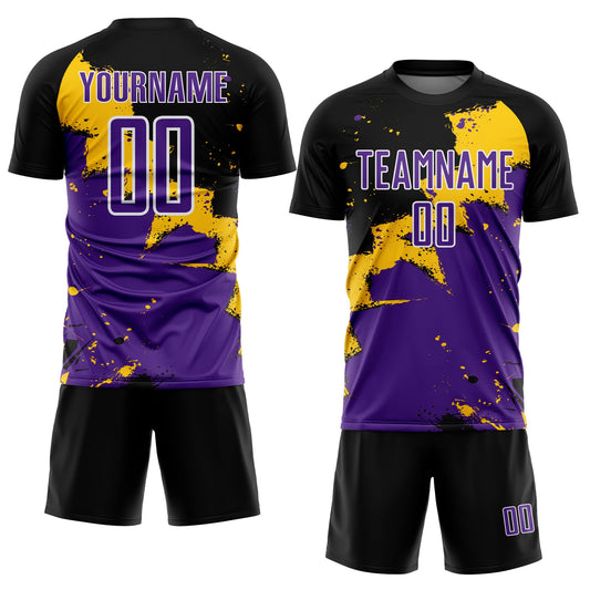 Custom Black Purple-Yellow Splash Sublimation Soccer Uniform Jersey