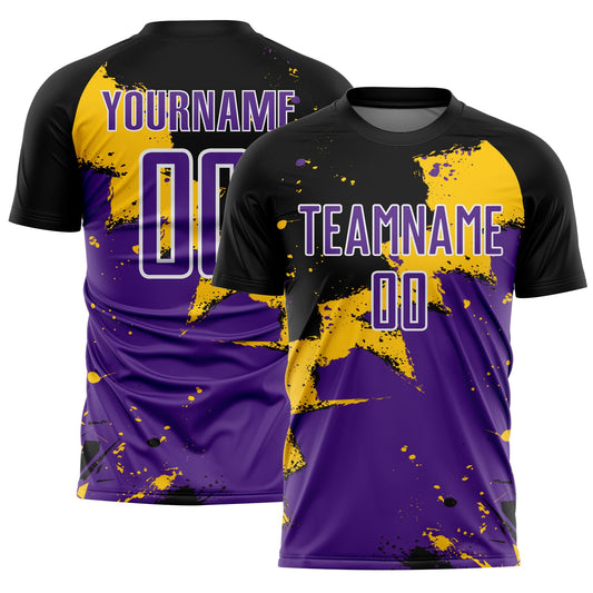 Custom Black Purple-Yellow Splash Sublimation Soccer Uniform Jersey