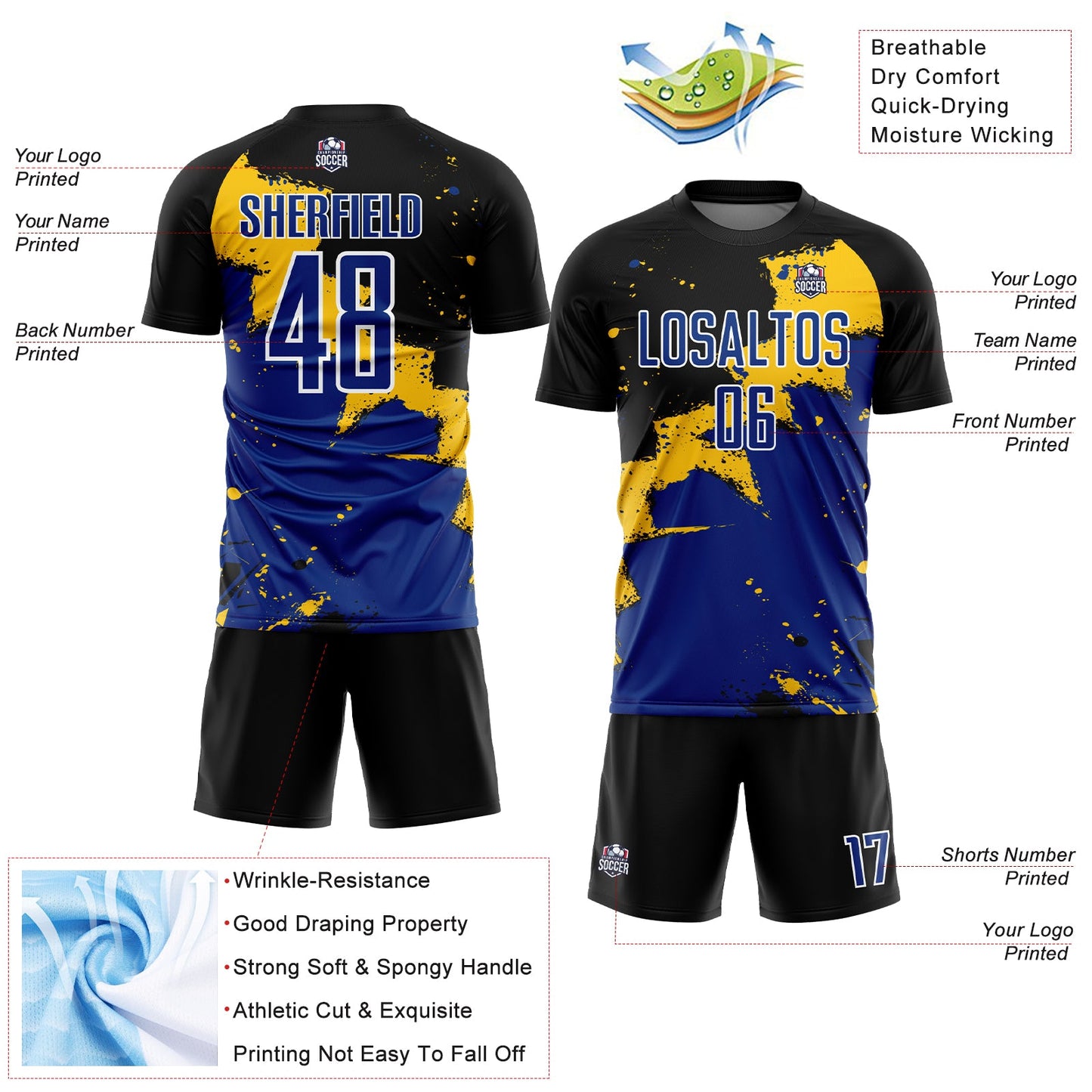 Custom Black Royal-Yellow Splash Sublimation Soccer Uniform Jersey