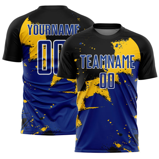 Custom Black Royal-Yellow Splash Sublimation Soccer Uniform Jersey