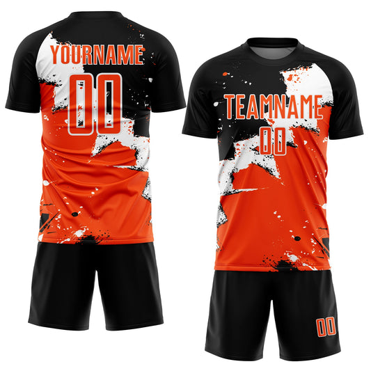Custom Black Orange-White Splash Sublimation Soccer Uniform Jersey