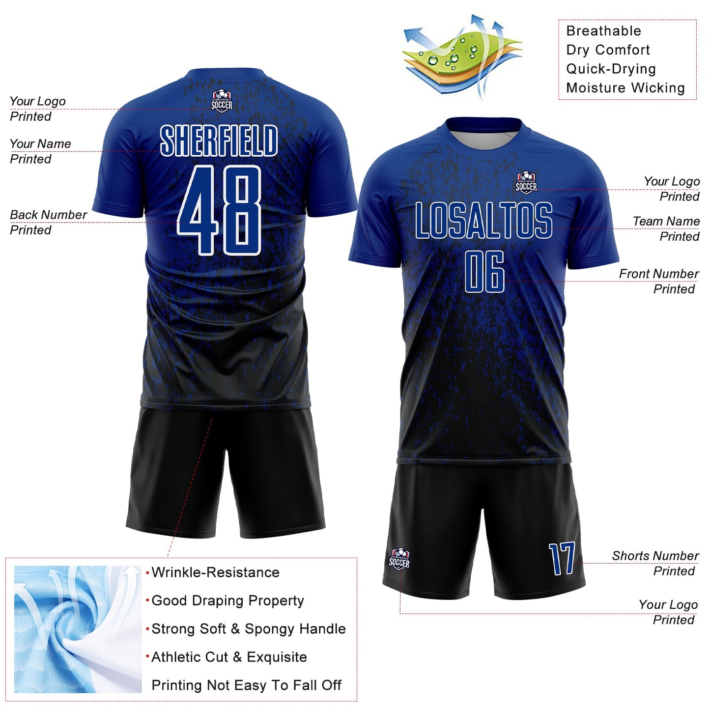 Custom Royal Black-White Abstract Fragment Art Sublimation Soccer Uniform Jersey