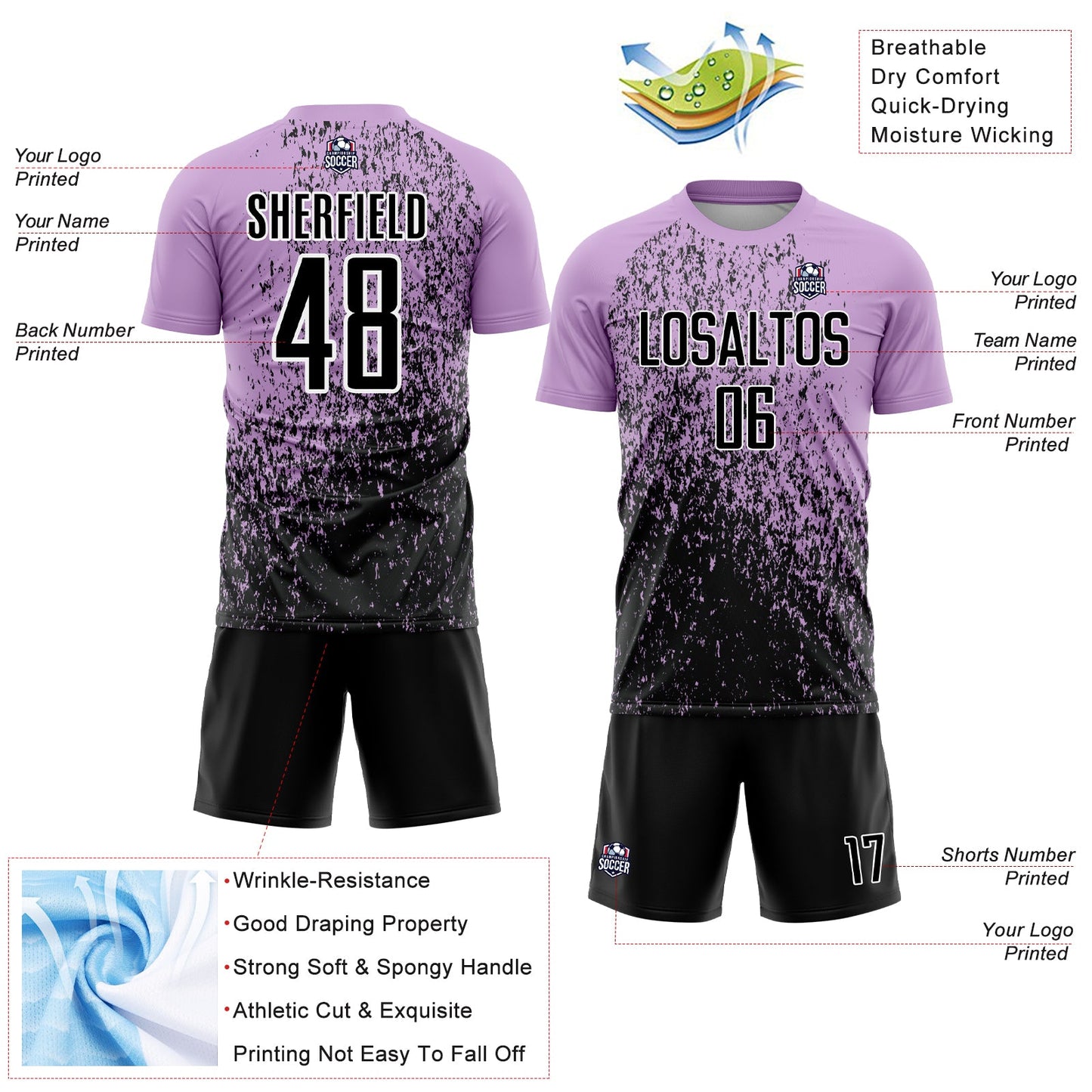 Custom Light Purple Black-White Abstract Fragment Art Sublimation Soccer Uniform Jersey