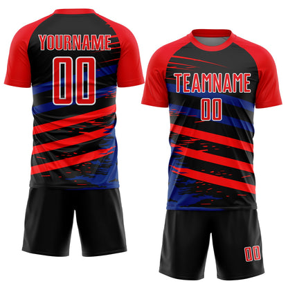 Custom Fire Red Royal-Black Line Sublimation Soccer Uniform Jersey