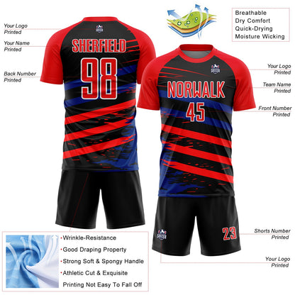 Custom Fire Red Royal-Black Line Sublimation Soccer Uniform Jersey