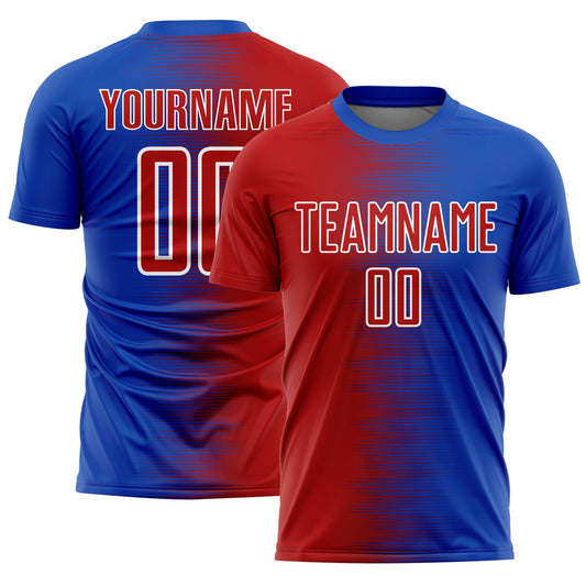 Custom Thunder Blue Red-White Gradient Line Sublimation Soccer Uniform Jersey