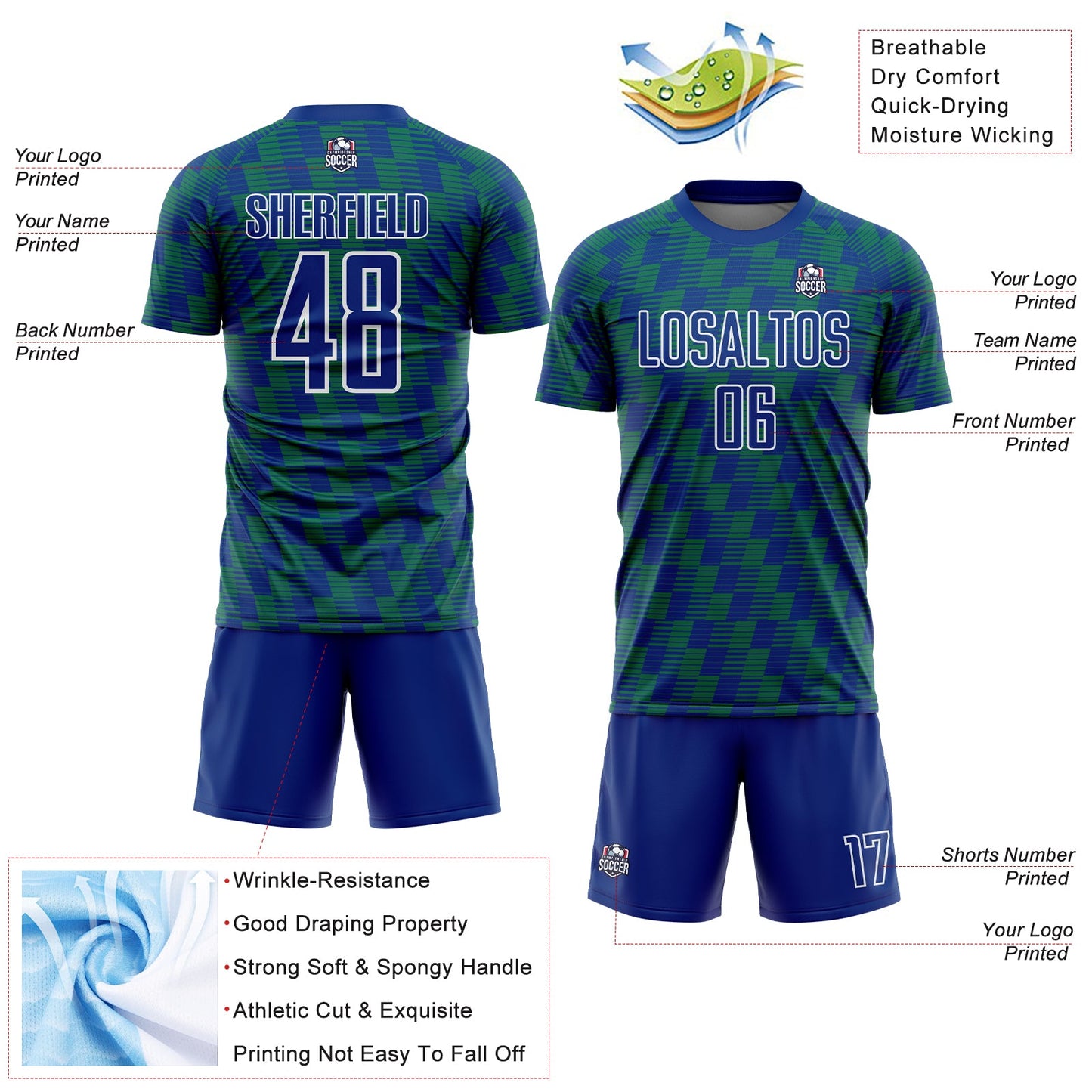 Custom Royal Kelly Green-White Line Sublimation Soccer Uniform Jersey