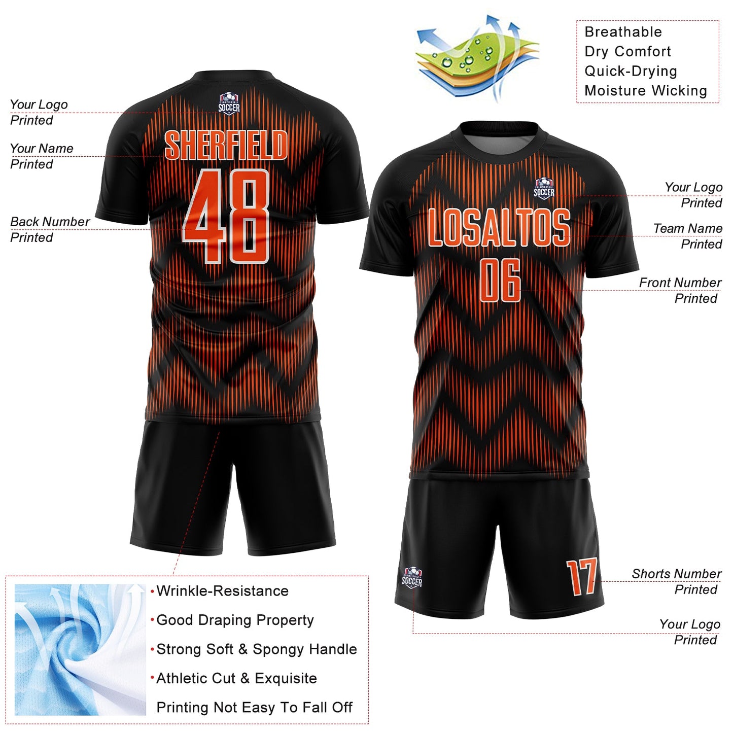 Custom Black Orange-White Line Sublimation Soccer Uniform Jersey