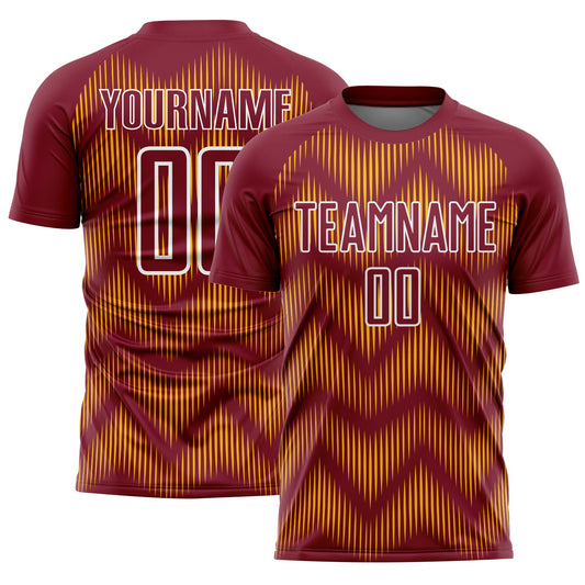 Custom Crimson Gold-White Line Sublimation Soccer Uniform Jersey