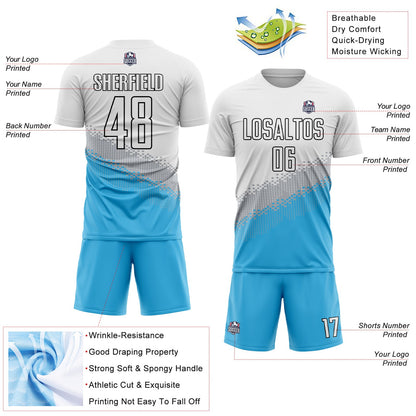 Custom White Gray Sky Blue-Black Gradient Geometric Shape Sublimation Soccer Uniform Jersey