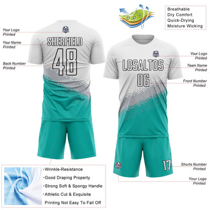 Custom White Gray Aqua-Black Gradient Geometric Shape Sublimation Soccer Uniform Jersey