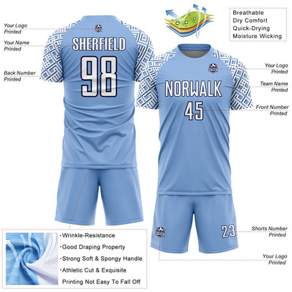 Custom Light Blue White-Navy Geometric Shape Sublimation Soccer Uniform Jersey