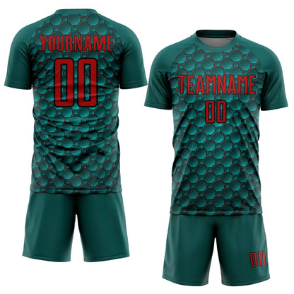 Custom Midnight Green Red-Black Geometric Shape Sublimation Soccer Uniform Jersey