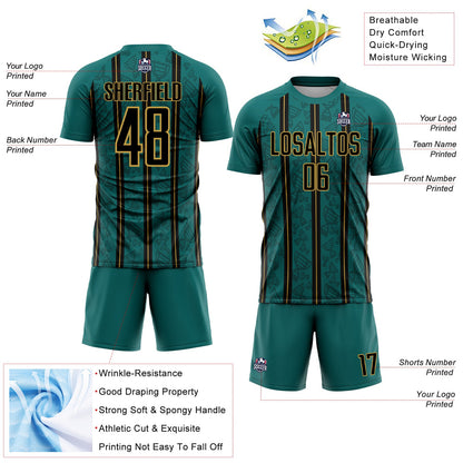 Custom Teal Black-Old Gold Stripe Line Sublimation Soccer Uniform Jersey
