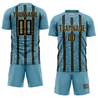 Custom Shadow Blue Black-Old Gold Stripe Line Sublimation Soccer Uniform Jersey