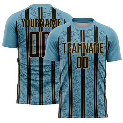 Custom Shadow Blue Black-Old Gold Stripe Line Sublimation Soccer Uniform Jersey