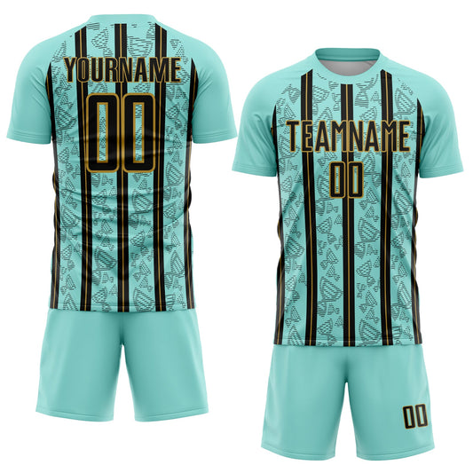 Custom Ice Blue Black-Old Gold Stripe Line Sublimation Soccer Uniform Jersey
