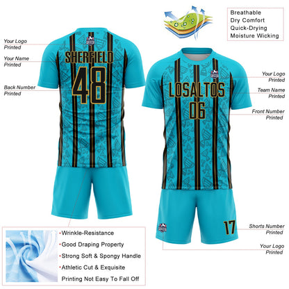 Custom Lakes Blue Black-Old Gold Stripe Line Sublimation Soccer Uniform Jersey